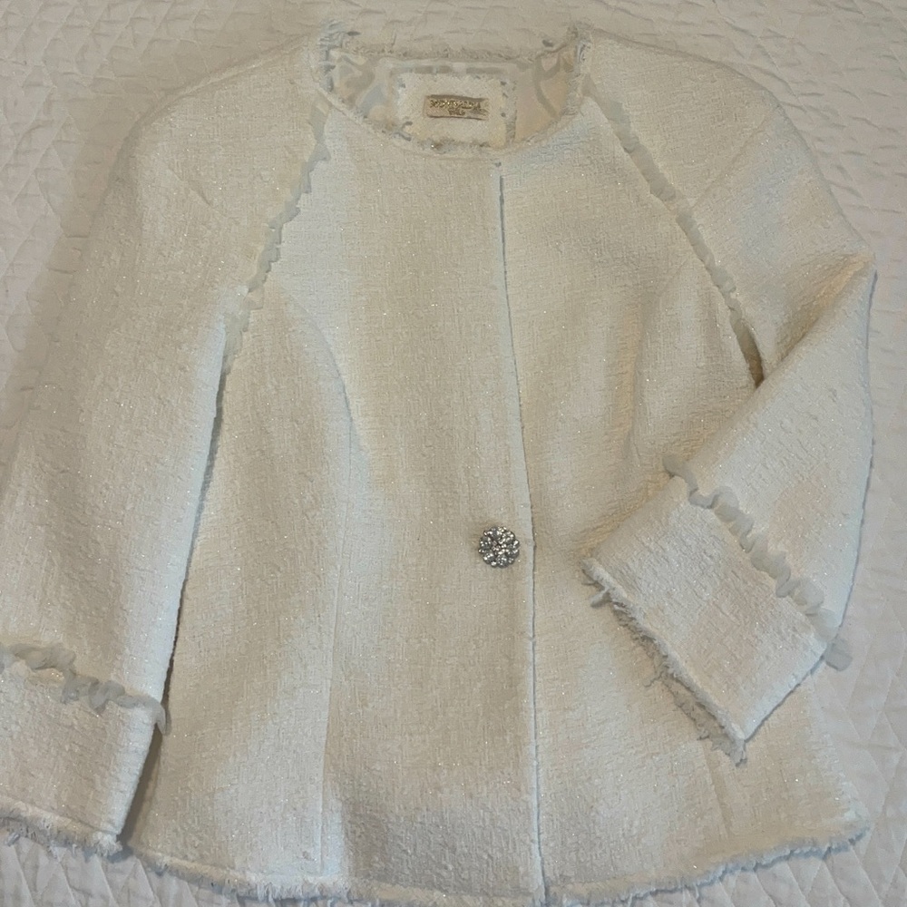 MonnaLisa Ivory Textured Blazer with Jewel Button